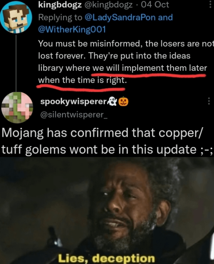 Minecraft Memes - If they don't add either the Tuff or Copper golem in this update it's really just laziness (from the directors not the devs)