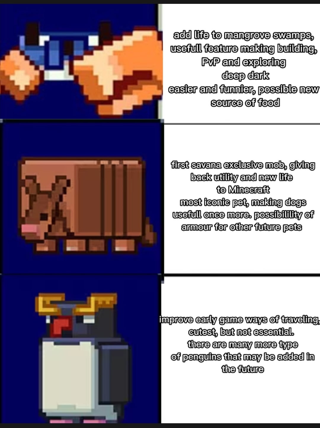 Minecraft Memes - since it has been removed from r/Minecraft ill post it here. i wrote all of what each mob brings to the table so that you can choose in a semi-neutral way. please respect everyone opinion and be nice in the comments