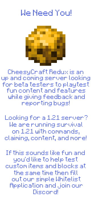 CheesyCraft Redux | 1.21 Custom Survival | Closed Beta Minecraft Server