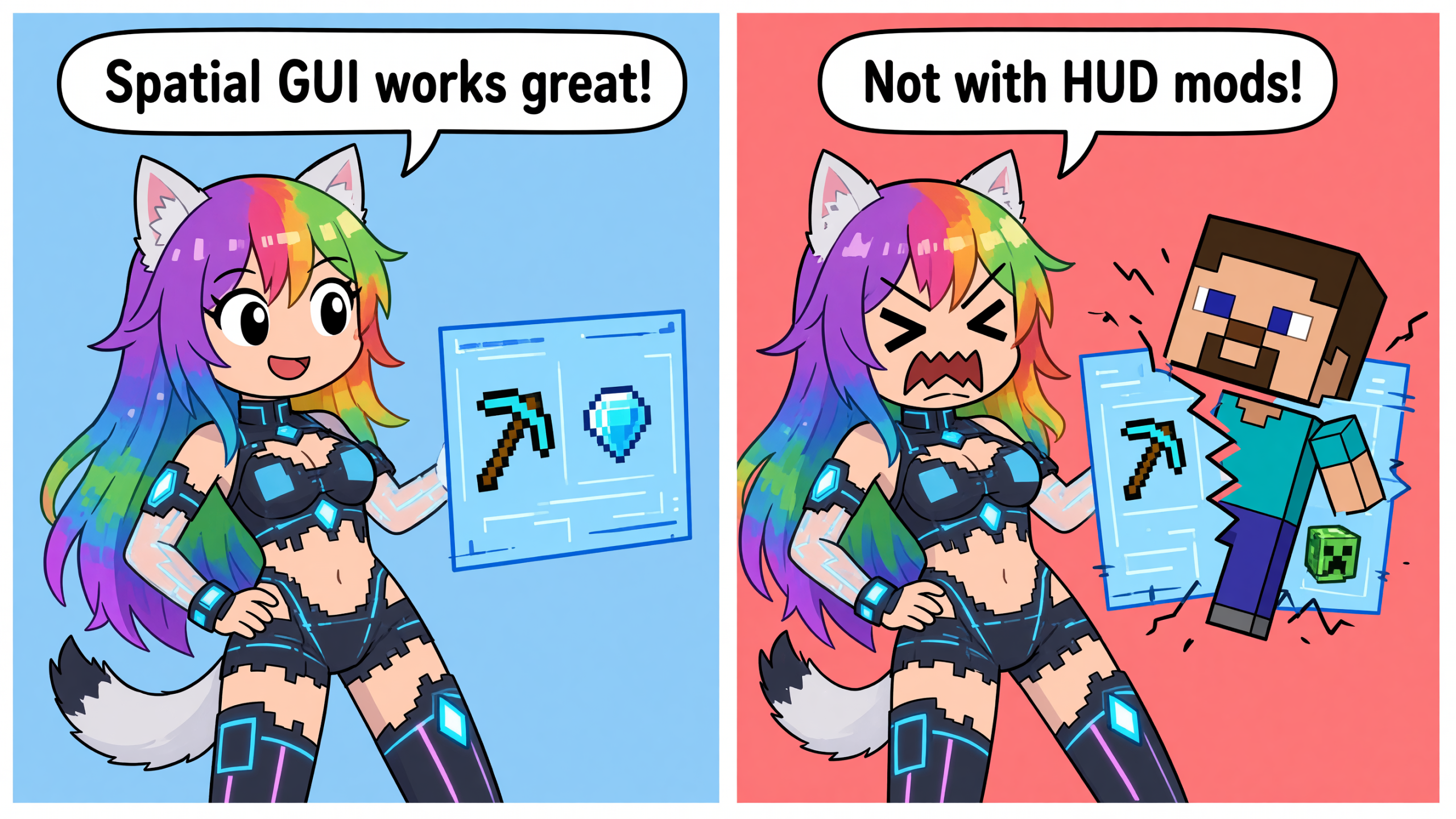 Editorial comic inspired by: Private: Spatial GUI Turns Clunky Minecraft Inventories Into Floating 3D Holograms